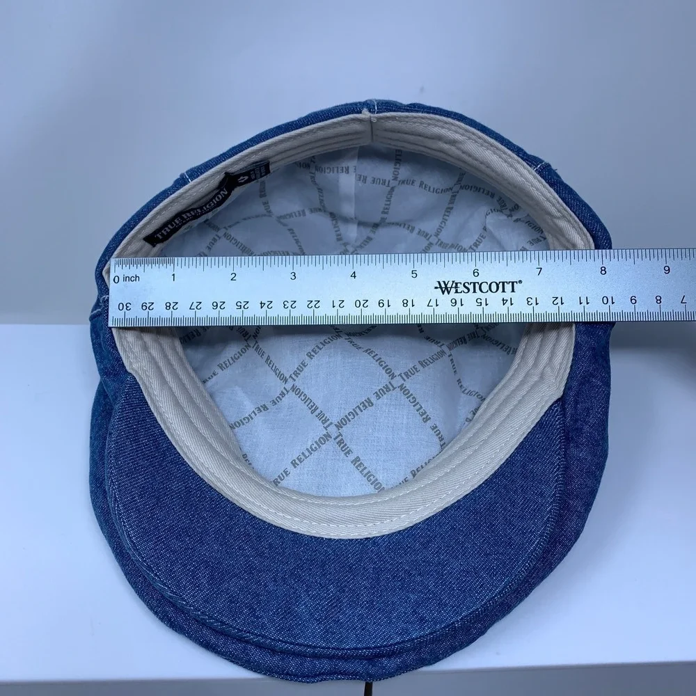 True Religion Mens OS Blue Denim Horseshoe Logo Newsboy Flat Cap Hat